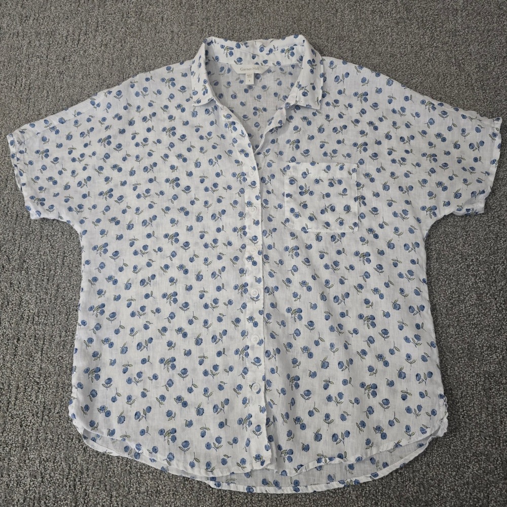 Garnet Hill Size 6 Linen Shirt Blueberry Print Button Front Coastal Cottagecore
